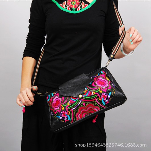 民族佈藝繡花包 真皮機繡繡花搭扣兩用挎包/手拿包/女皮包工廠,批發,進口,代購