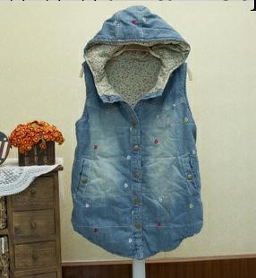 日系馬甲 新款 刺繡愛 連帽保暖做舊加厚 牛仔棉馬甲女式棉衣162工廠,批發,進口,代購