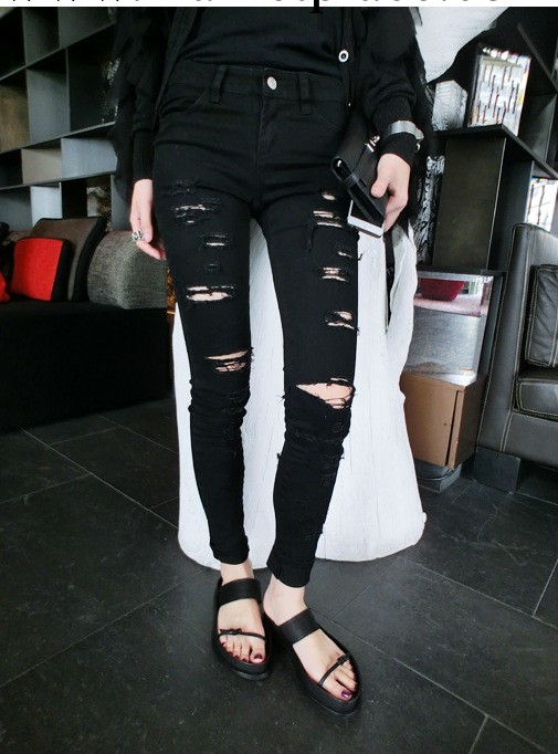 14韓版夏季女裝新款甜美百搭不規則磨破顯瘦修身鉛筆牛仔褲FD8956批發・進口・工廠・代買・代購