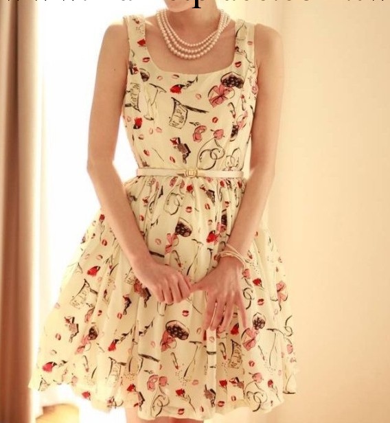 新款 日韓 女裝 時尚可愛印花碎褶無袖公主連衣裙 0587 招 代理批發・進口・工廠・代買・代購