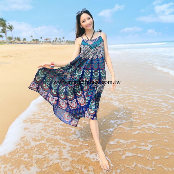 實拍2014夏裝新款異域風情海邊度假沙灘長裙印花雪紡吊帶連衣裙工廠,批發,進口,代購