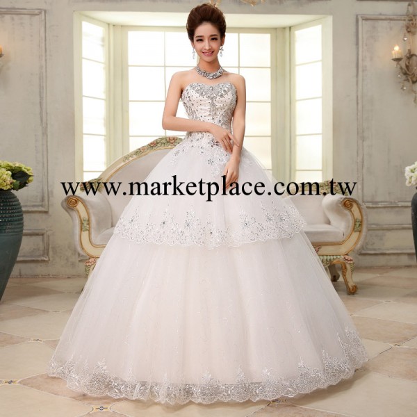 韓式公主綁帶新娘結婚禮服 新款2013韓版珍珠抹胸婚紗齊地白紗工廠,批發,進口,代購
