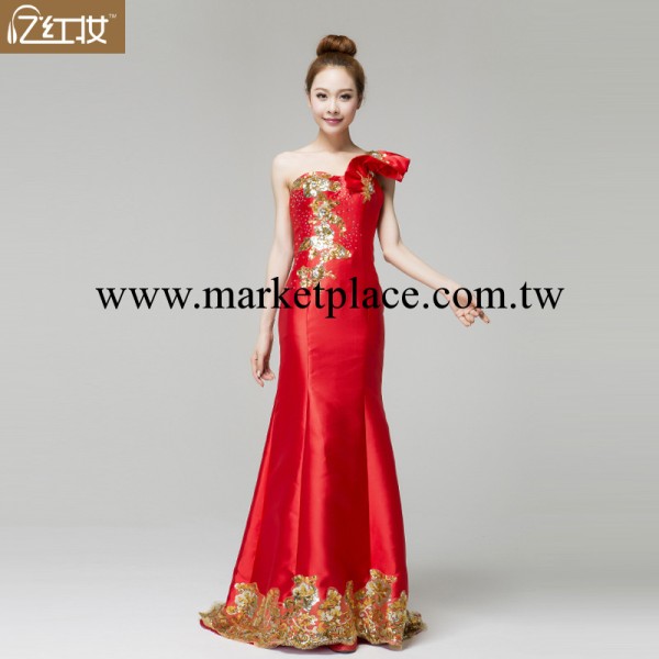 新款晚禮服紅色長款 結婚婚紗豪華單肩魚尾晚宴敬酒L13796批發・進口・工廠・代買・代購