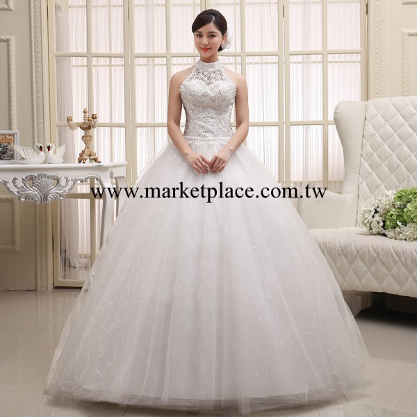炫紅新娘結婚最新婚紗時尚2014婚紗禮服 顯瘦掛脖齊地綁帶婚紗工廠,批發,進口,代購