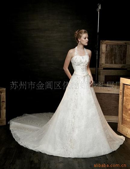 供應歐美外貿，珠繡，吊脖型精品新娘婚紗禮服加工訂做工廠,批發,進口,代購