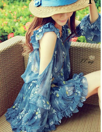 2014露肩甜美性感藍色碎花雪紡印花連衣裙 夏 優質版工廠,批發,進口,代購