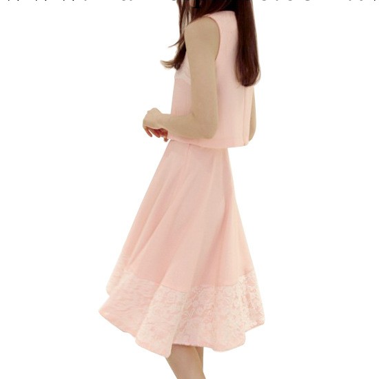 2014夏季新款韓國代購兩件套裝連衣裙子蕾絲拼接小香風無袖背心裙批發・進口・工廠・代買・代購