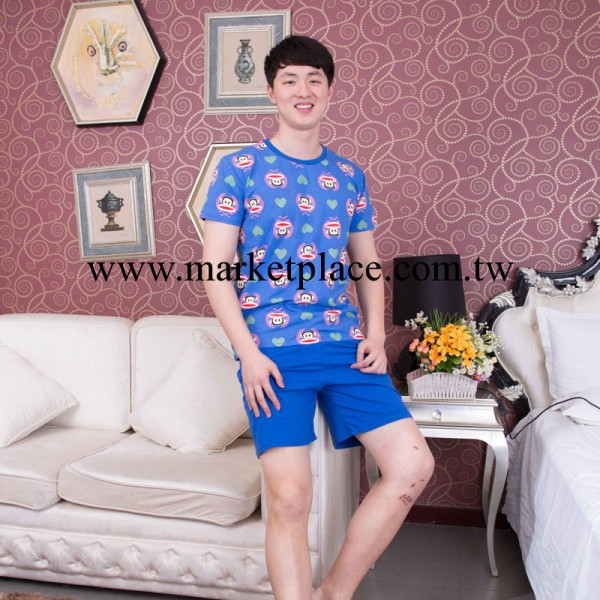 2014夏季新短袖情侶睡衣男女卡通猴子套裝拼色PINK傢居服0056寶藍工廠,批發,進口,代購