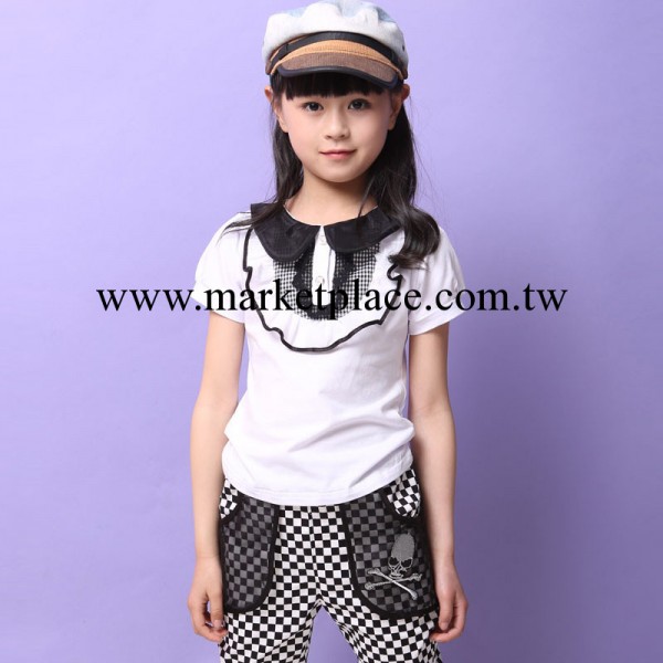 2014夏季韓版女童童裝 格子兩件套中大童短袖七分褲兒童套裝批發工廠,批發,進口,代購