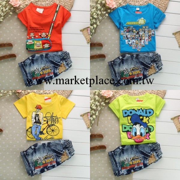 2014夏季新款短袖套裝 中童純棉卡通套裝 牛仔中褲套裝廠傢直銷工廠,批發,進口,代購