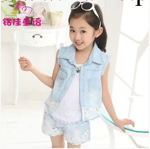 2014夏季新款 兒童褲套裝 童牛仔套裝 女童套裝 蕾絲花邊兩件套工廠,批發,進口,代購