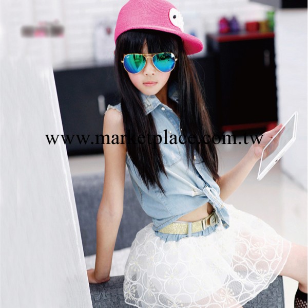 愛尚果女童夏裝2014新款中大兒童牛仔馬甲附腰帶歐根紗短裙子套裝工廠,批發,進口,代購