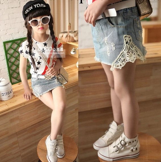 多可愛童裝女童2014春裝新款韓版鏤空拼接破洞牛仔短裙送腰帶工廠,批發,進口,代購