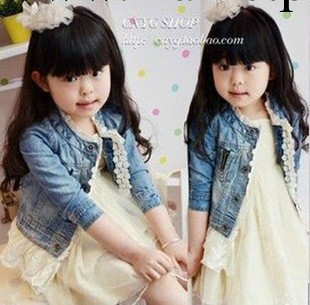 一件代發2014女童新款童裝 兒童胸口拉鏈蕾絲花邊牛仔外套上衣工廠,批發,進口,代購