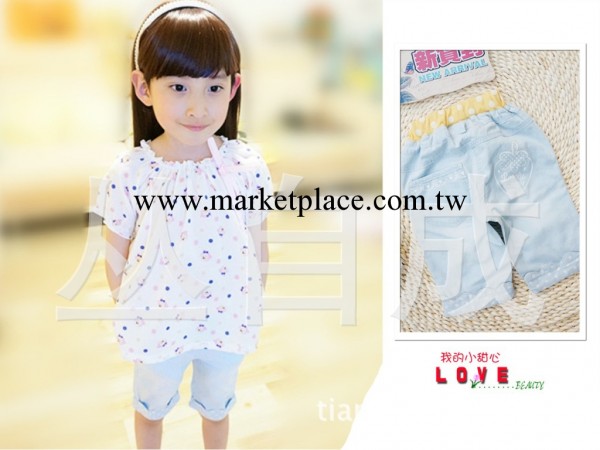 2014夏 韓版童裝 lambda小熊 軟牛仔薄款小草莓 女童牛仔中褲工廠,批發,進口,代購