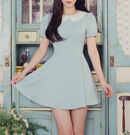 韓國女裝批發2014夏季新款修身娃娃領蕾絲雪紡短袖連衣裙工廠,批發,進口,代購
