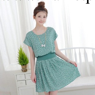 韓國2014夏裝新款女裝短袖圓領收腰圓點連衣裙工廠,批發,進口,代購