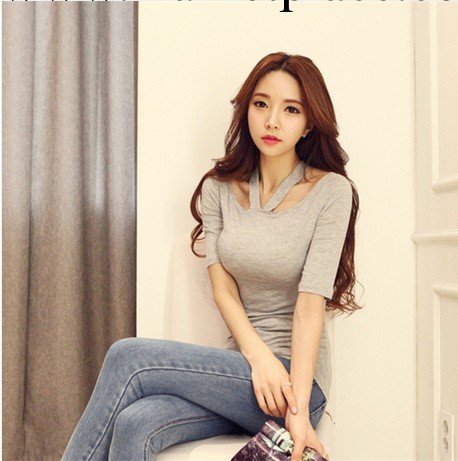2014韓國DABA-girl新款 性感緊身純色掛脖修身棉T恤工廠,批發,進口,代購