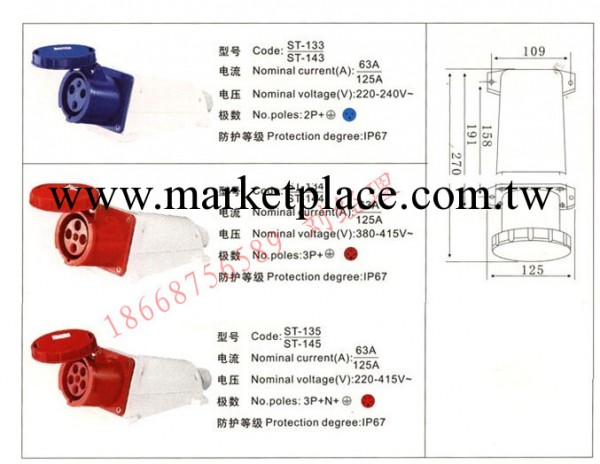 三泰125A/單相三線 工業插座 明裝插座 ST-143工廠,批發,進口,代購