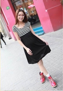 2014新款韓國代購孕婦裝 拼接條紋顯瘦孕婦裝 孕婦短袖連衣裙工廠,批發,進口,代購