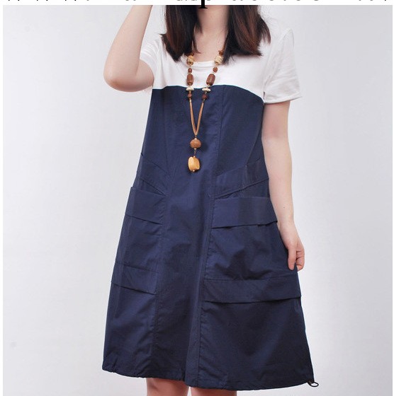 2014夏裝新款 韓版女裝大碼寬松原來文藝口袋棉麻連衣裙工廠,批發,進口,代購