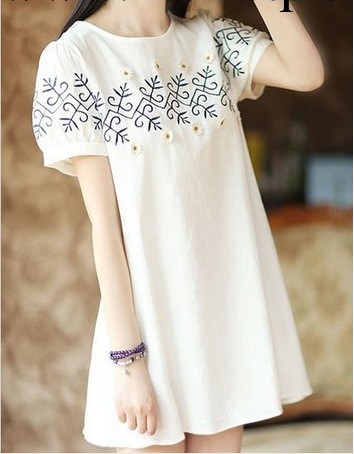 夏季新款韓版 白色棉麻繡花短袖孕婦連衣裙工廠,批發,進口,代購