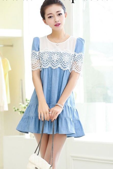 2014夏季新款十三行韓版女裝廠價直銷寬松大碼短袖牛仔孕婦裙工廠,批發,進口,代購