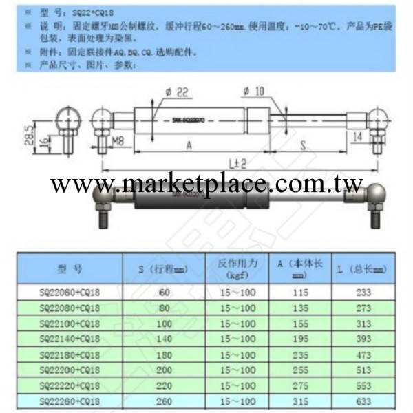 氮氣彈簧 球頭支撐氣彈簧   自由轉動型     球頭氣彈簧SQ22工廠,批發,進口,代購