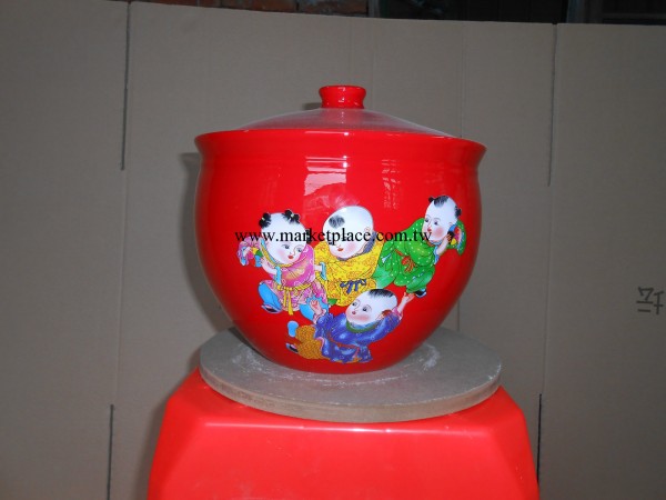 中國紅寬口儲物罐泡菜壇童子嬉戲圖工廠,批發,進口,代購