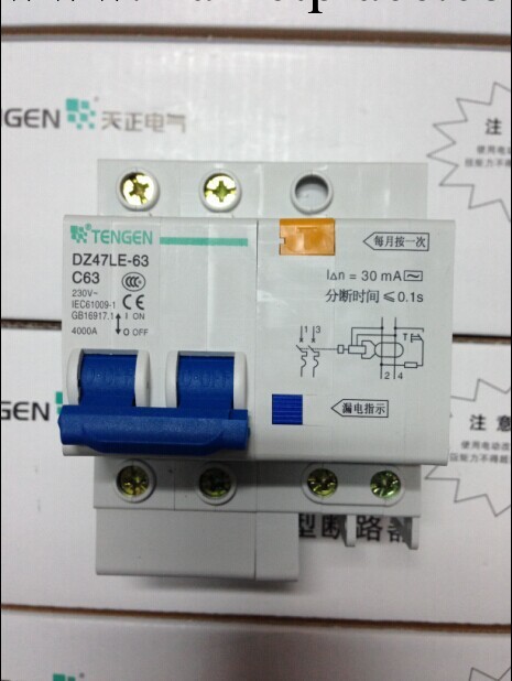 正品天正電氣 漏電斷路器 DZ47LE-63 2P C 63A工廠,批發,進口,代購