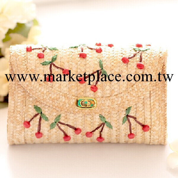 刺繡櫻桃沙灘草編包手工編織手拿包百搭斜跨單肩包撞色時尚女包包工廠,批發,進口,代購