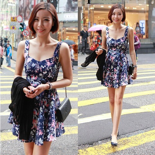 韓國代購2014潮碎花百褶高腰修身連衣裙夏女背心短裙吊帶裙工廠,批發,進口,代購