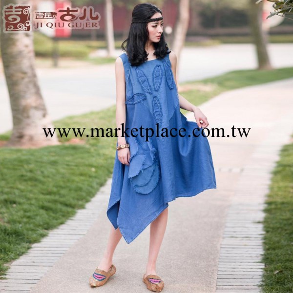 吉丘古兒櫻花瓷原創復古棉麻女裝寬松不規則貼花吊帶連衣裙夏批發工廠,批發,進口,代購