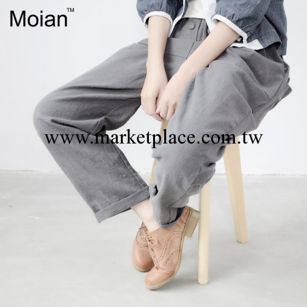Moian4464-71L2014秋款純色簡約棉麻女式松緊腰寬松大版休閒長褲工廠,批發,進口,代購