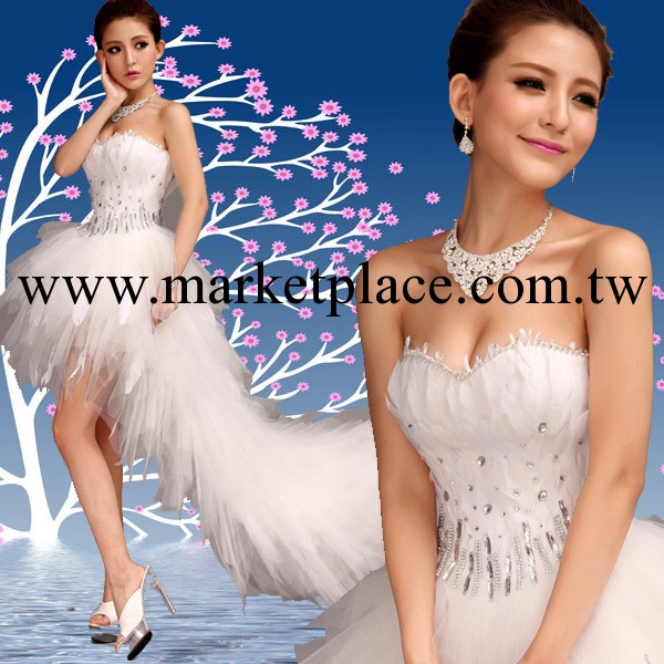 新娘婚紗禮服春季韓版拖尾2014新款鉆石羽毛前短後長蕾絲婚紗工廠,批發,進口,代購