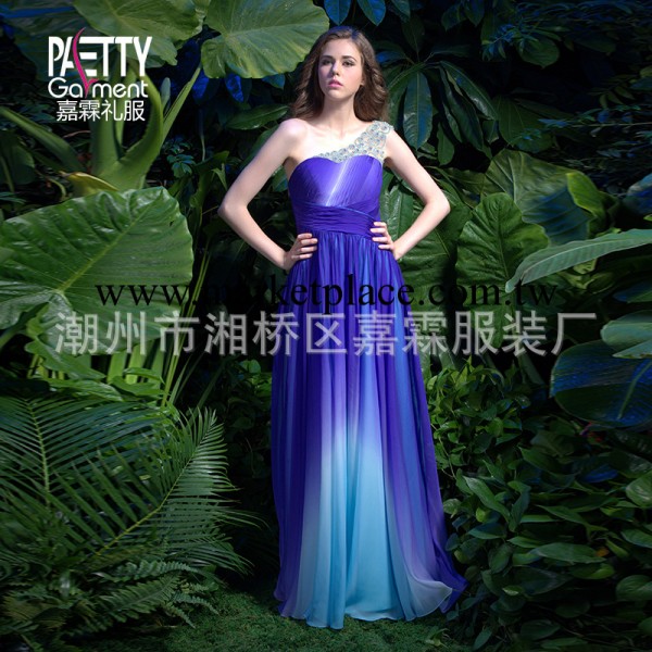 2014夏季新品女裝歐美雪紡單肩鑲鉆長款性感露背款品牌晚禮服婚紗工廠,批發,進口,代購