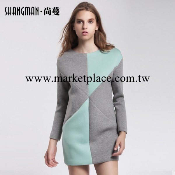 尚蔓2014秋季女裝新款歐美拼接格紋格圓領長袖連衣裙鉛筆裙D4202工廠,批發,進口,代購