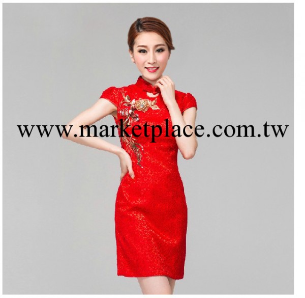 紅色新娘旗袍 結婚敬酒服復古刺繡花短款改良旗袍 雍容高貴工廠,批發,進口,代購