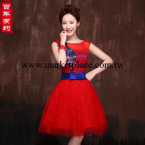 新款2014新娘結婚婚紗禮服 韓版一字肩綁帶刺繡短款敬酒服伴娘服工廠,批發,進口,代購