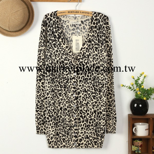 janin秋款2014深V領針織衫女式寬松豹紋長女舒適百搭開衫8147工廠,批發,進口,代購