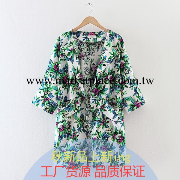 歐洲站2014秋季女裝 復古印花小西裝寬松女中長款大衣外套HJC081工廠,批發,進口,代購
