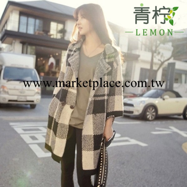 韓國大牌氣場女裝 黑白不規則混色大格子寬松針織毛衣開衫外套批發・進口・工廠・代買・代購