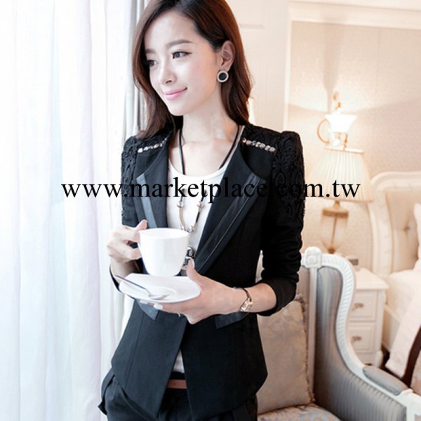 2014春秋裝新款韓版女裝時尚百搭修身小西裝蕾絲拼接西服外套女工廠,批發,進口,代購