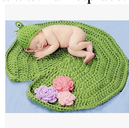 寶寶百天嬰兒攝影萌毛線造型手工青蛙帽子荷葉墊兩件套工廠,批發,進口,代購