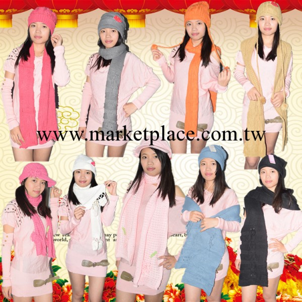 新款韓版女士秋冬季毛線多款多色圍巾套裝 球球帽子圍巾手套套裝工廠,批發,進口,代購