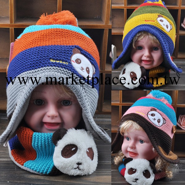 兒童帽子 熊貓護耳套件 加絨卡通條紋寶寶針織套件 二件套2011工廠,批發,進口,代購