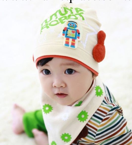 2014韓國新款兒童機器人套件 純棉寶寶套頭帽+口水巾二件套批發工廠,批發,進口,代購