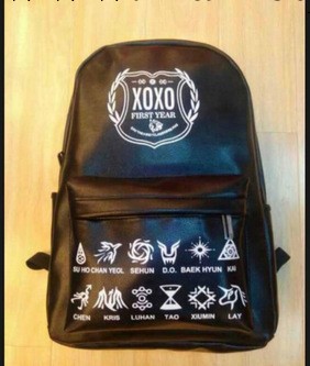 開學熱賣新款EXO明星同款黑色PU雙肩背包書包學生包包批發廠傢批發・進口・工廠・代買・代購