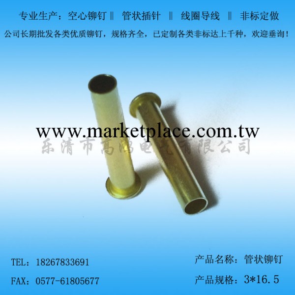 【廠傢直銷】專業定制 空心鉚釘 非雞眼鉚釘 3*16.5mm  銅管鉚釘工廠,批發,進口,代購