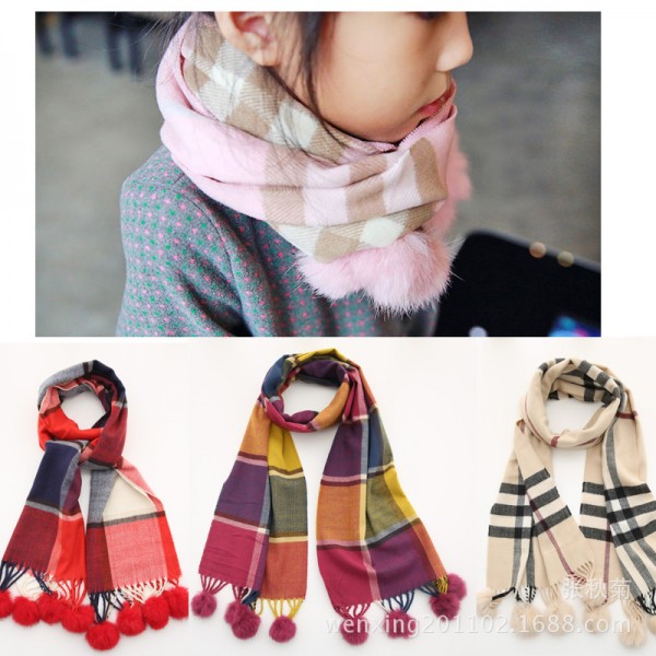 冬款兒童圍巾 女童英倫格加厚保暖圍巾 真兔毛球學生長款羊絨披肩工廠,批發,進口,代購